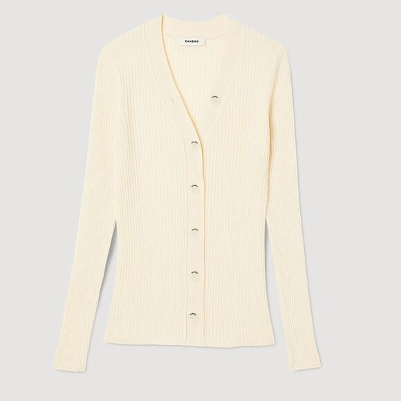 SANDRO Gabrielle Ribbed Knit Cardigan Sweater Ecru Cream {KK12} - Picture 4 of 4